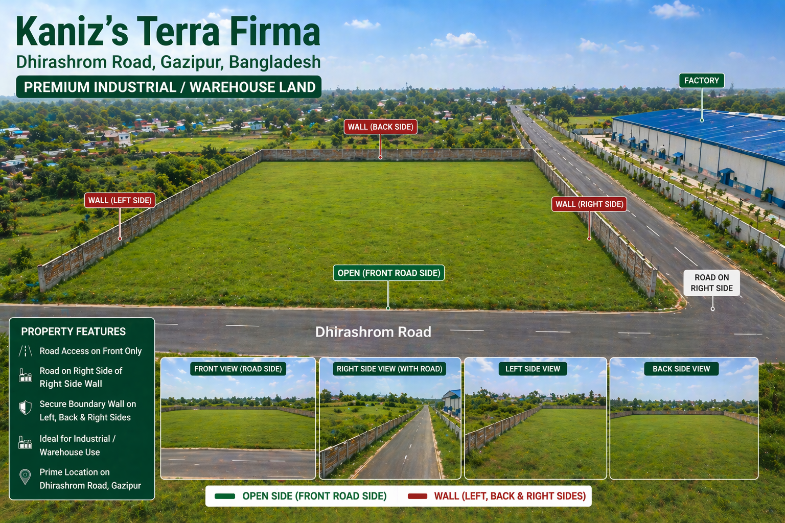 Annotated aerial layout of Kaniz's Terra Firma showing open front road side, wall on left, back and right, and the adjacent factory