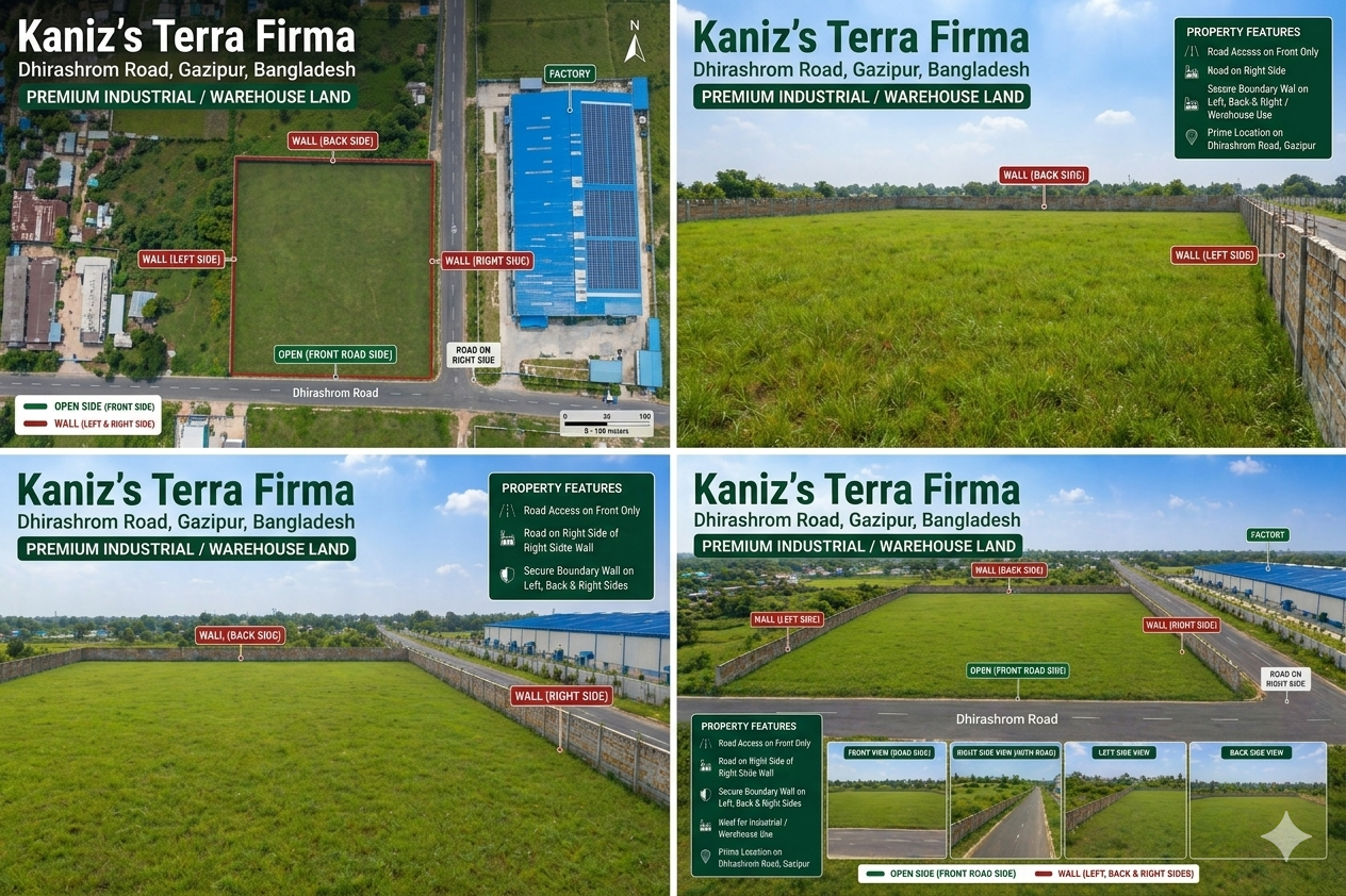 Four-panel layout showing satellite view, back-side view, side wall view, and full annotated plot of Kaniz's Terra Firma